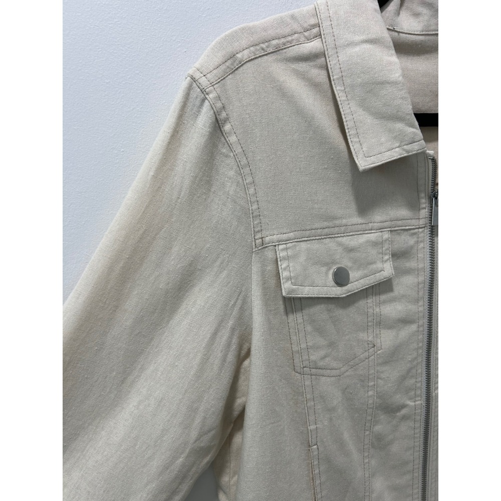 Rachel Zoe Two Womens Linen Blend Zip Up Trucker Jackets Black Beige Sz Large - Picture 16 of 16